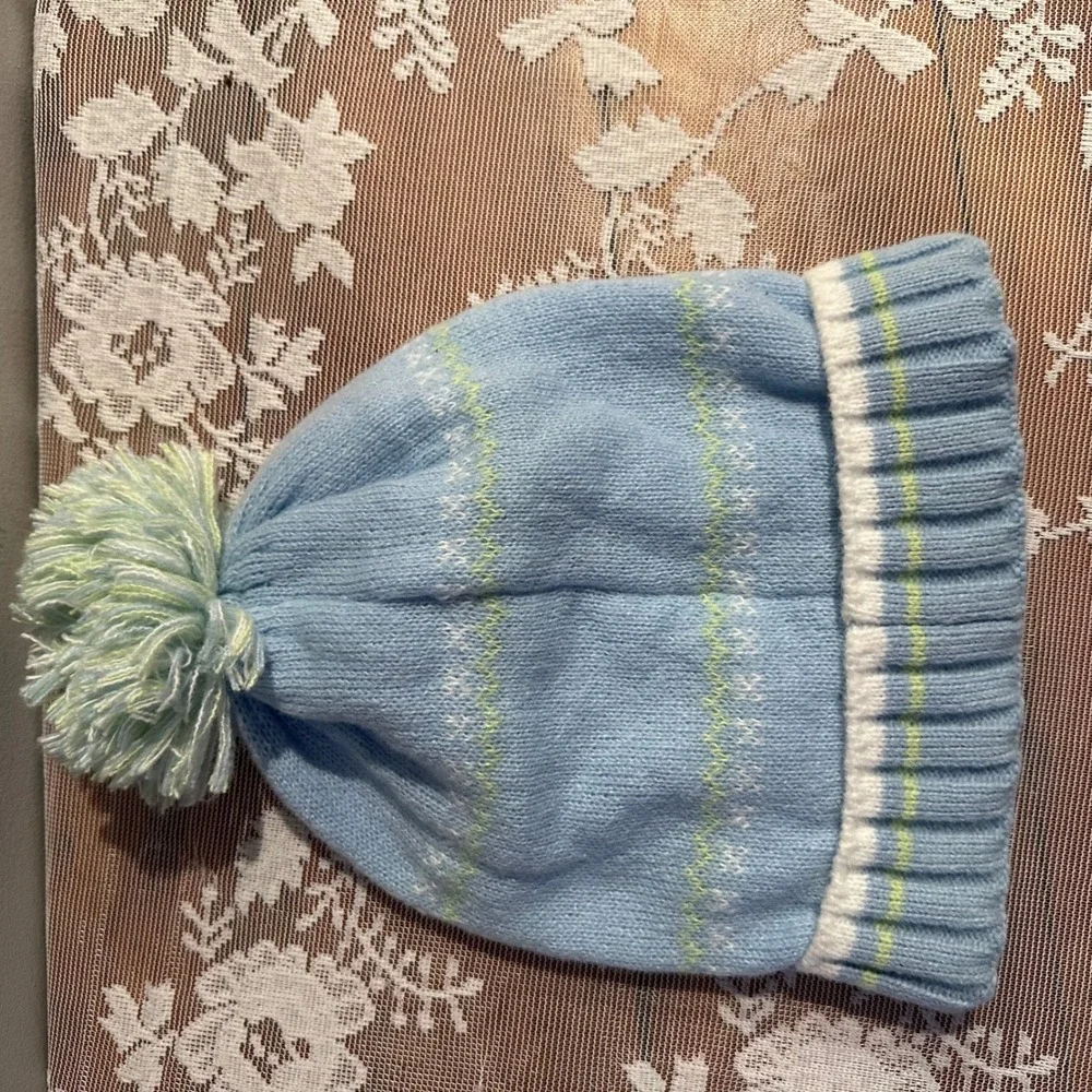 Savage X Fenty Blue Knit Pom Pom Beanie Hat Logo Fair Isle Pastel‎ Winter Cap